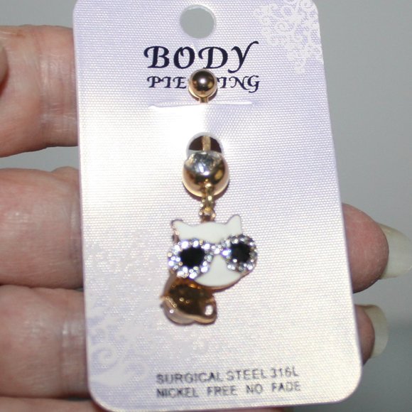 Cool Cat With Sunglasses Belly Ring Surgical Steel - Picture 3 of 3
